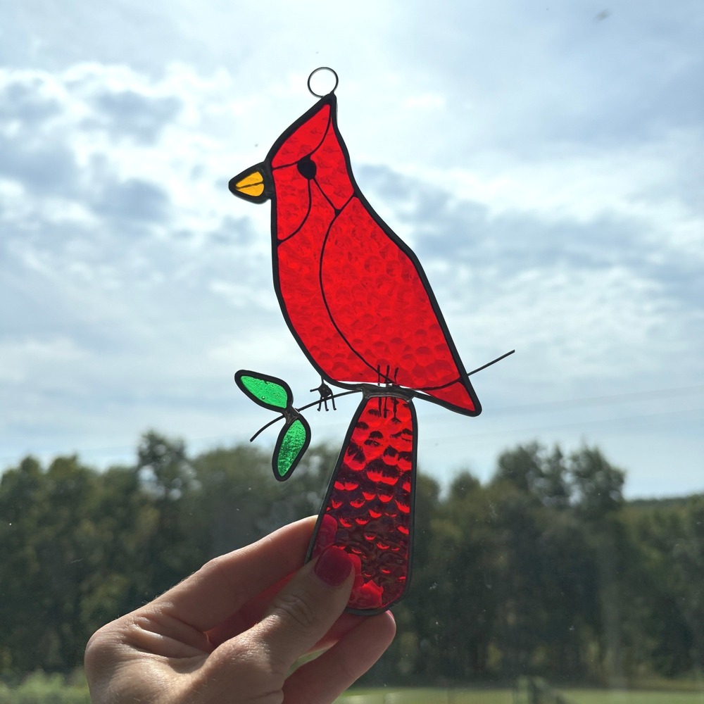 Vintage Stained Glass Cardinal Suncatcher Red Bird Window Hanging Decor 8 inch